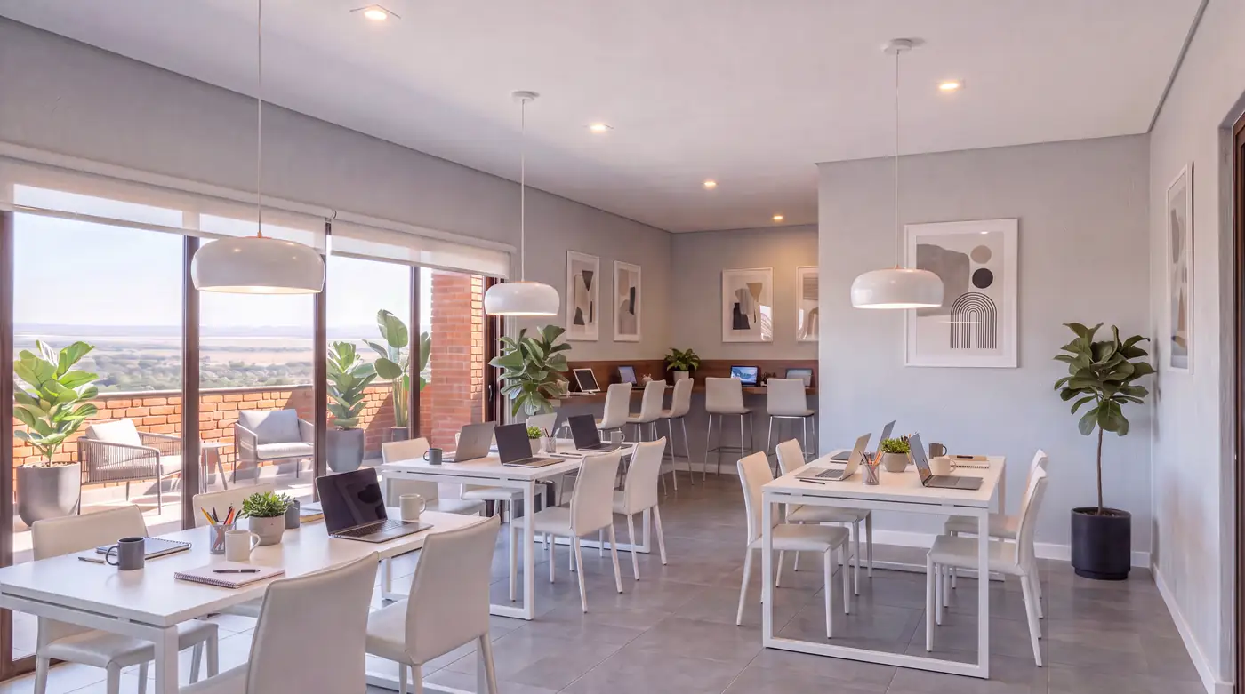 Coworking con terraza y mesas de trabajo compartidas