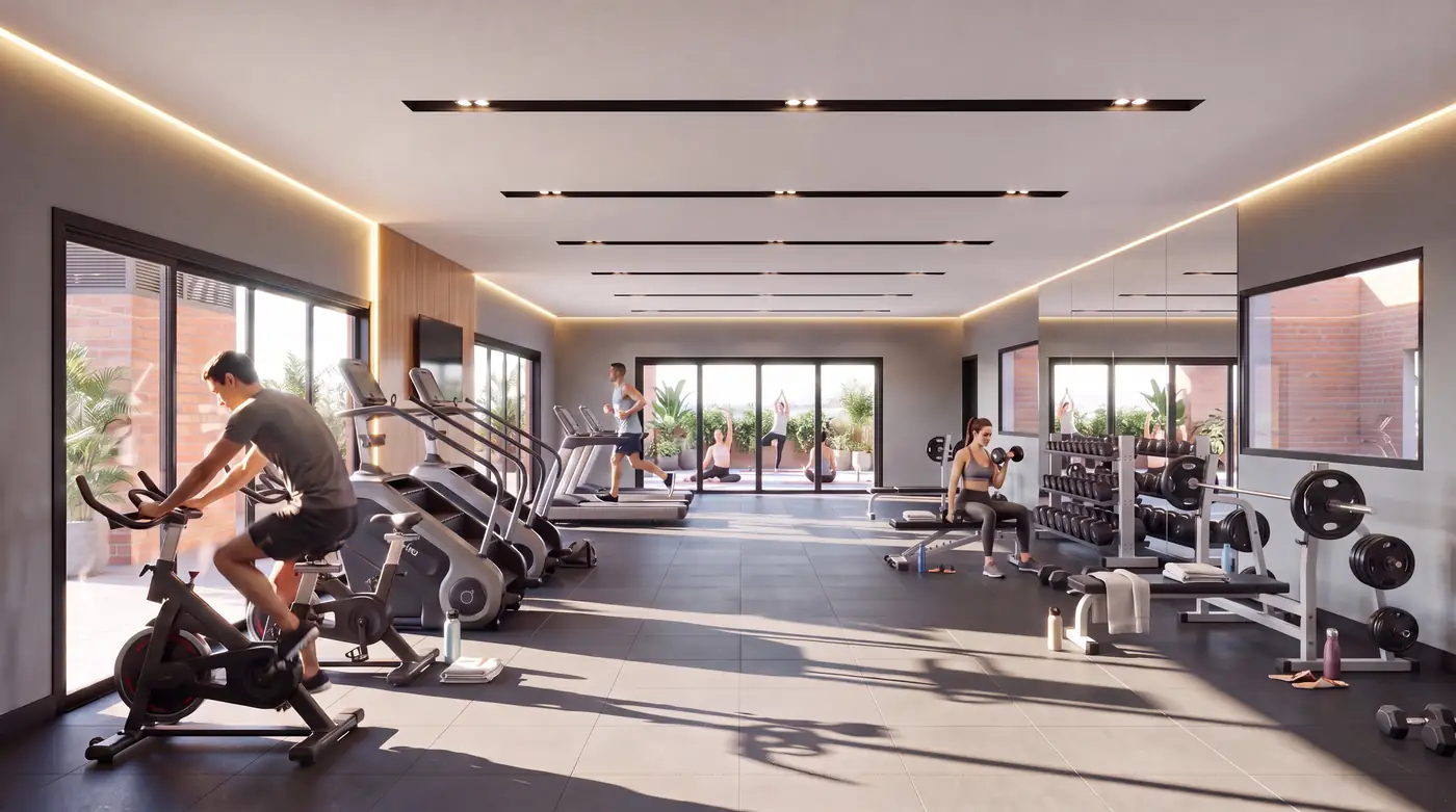 Gimnasio equipado con vista a la ciudad