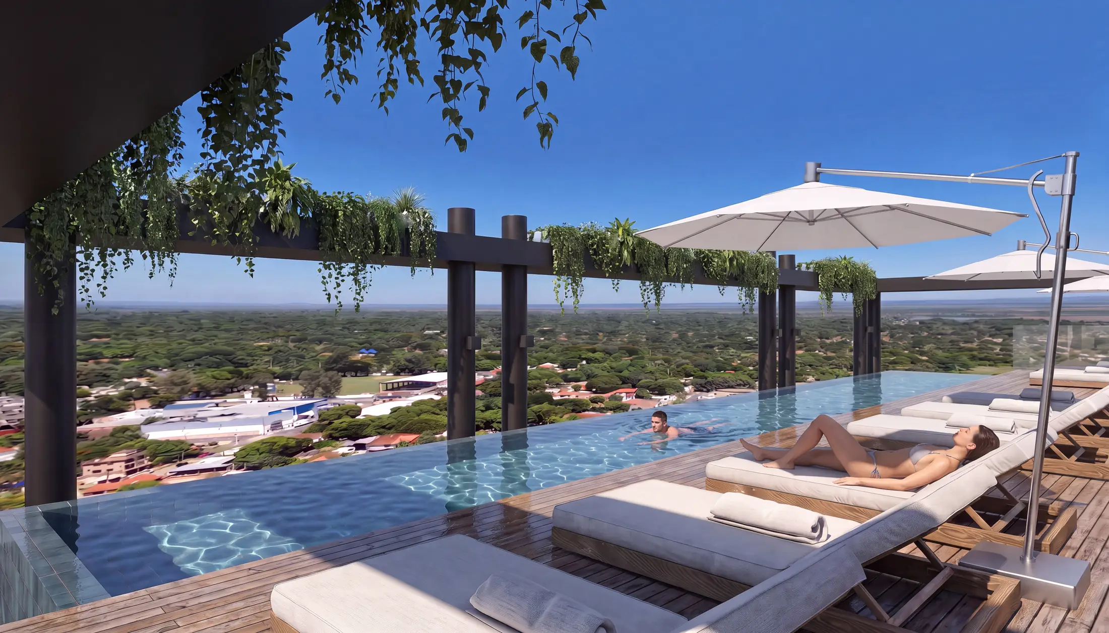 Piscina infinita en la terraza con reposeras y pérgola