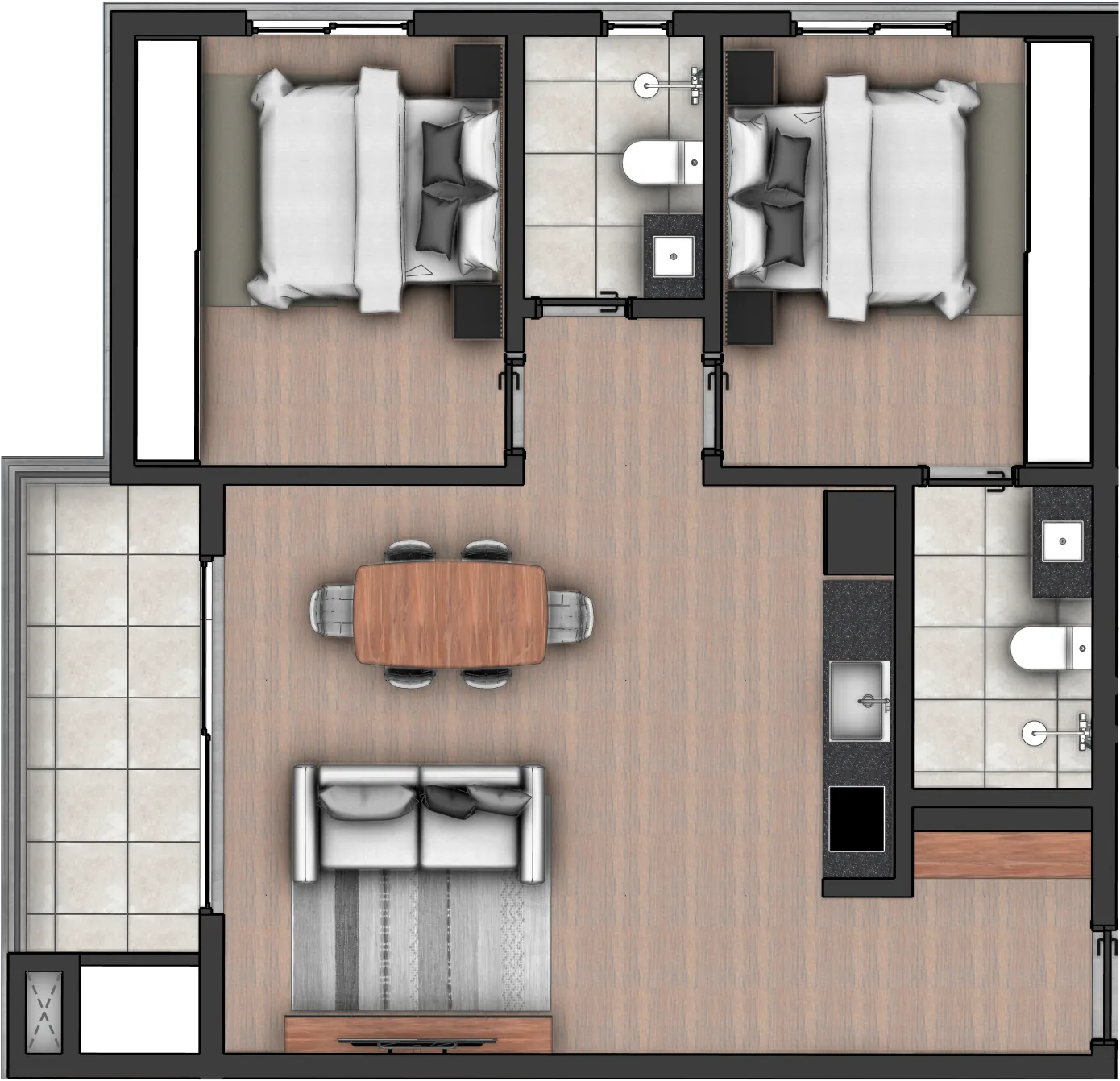 Plano del departamento Tipo A, 2 dormitorios