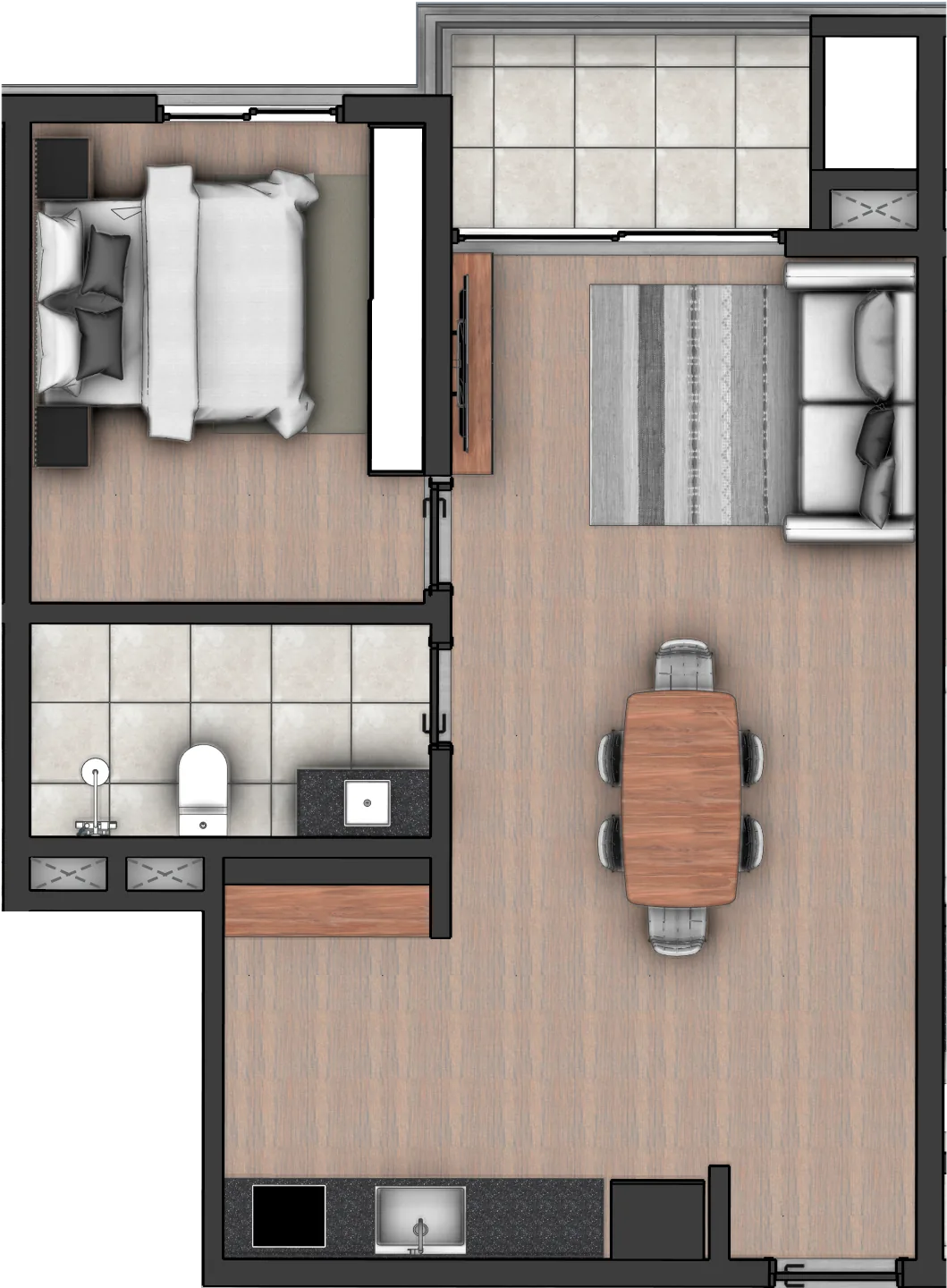 Plano del departamento Tipo B, 1 dormitorio