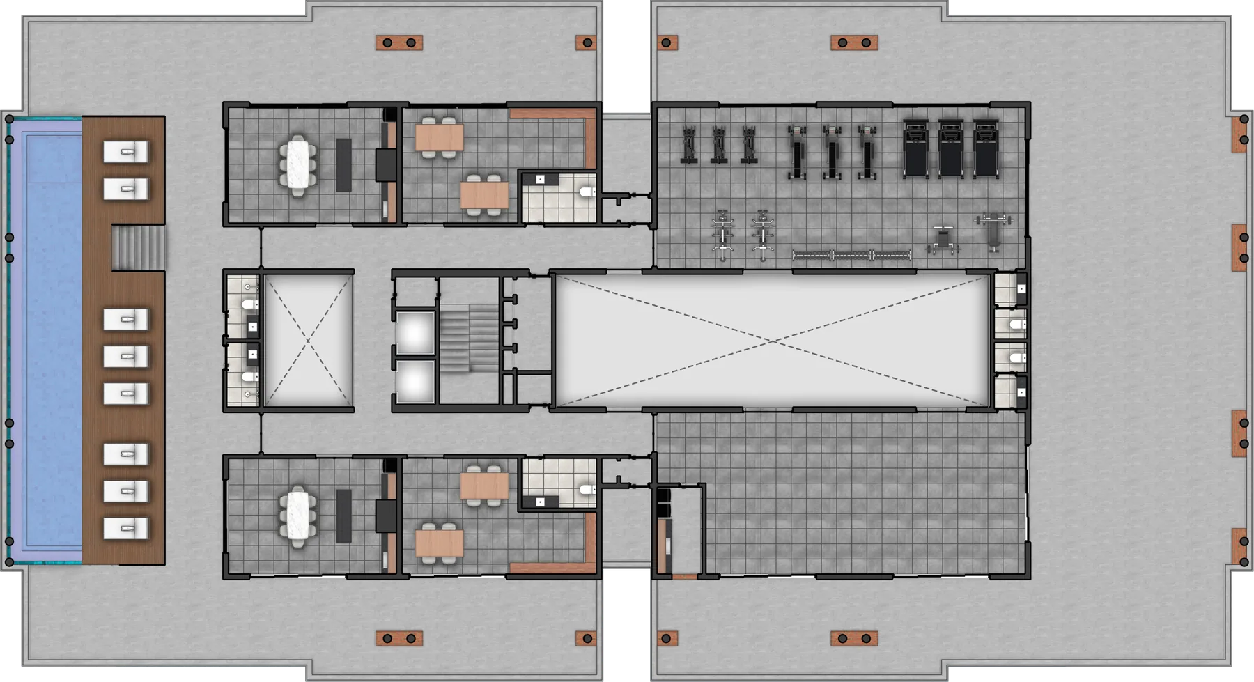 Planta de la terraza con piscina, quincho, coworking y gimnasio