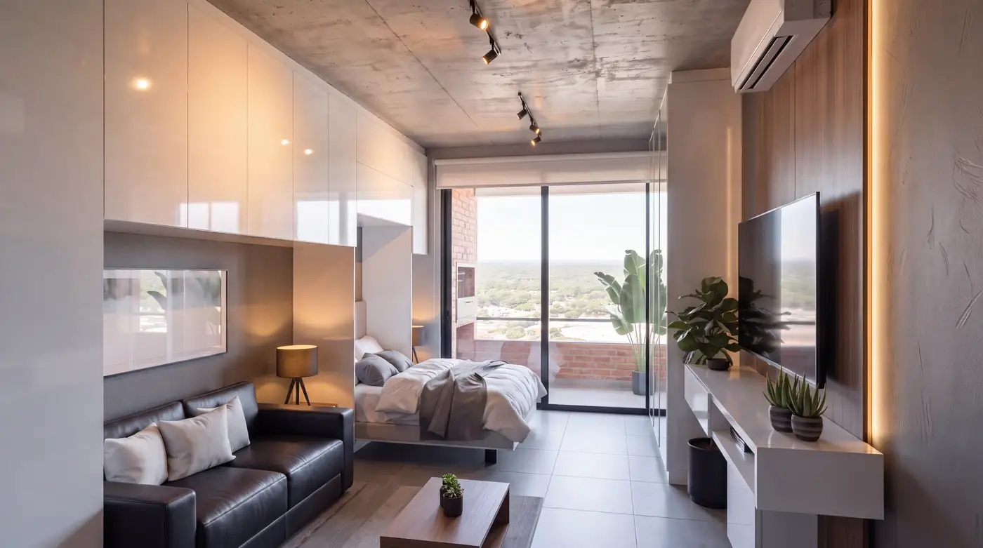 Monoambiente Tipo C con living, dormitorio y balcón